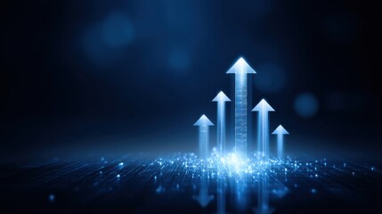 Futuristic blue background with glowing arrows representing growth, progress, and success in digital business and technology themes ideal for stock image use