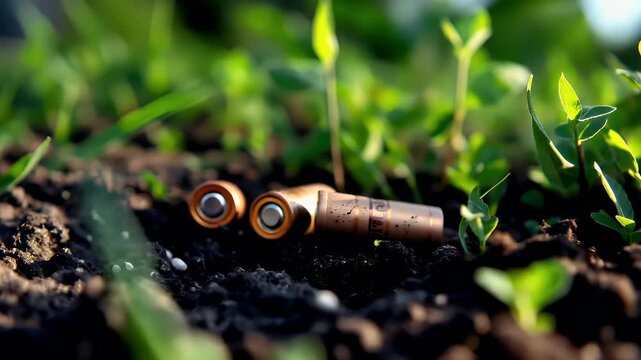 Electronic waste. Environment ecosystem pollution. Recycling. A closeup shot of a plant with three cylindrical objects in the soil. The objects are brown with a metallic sheen.