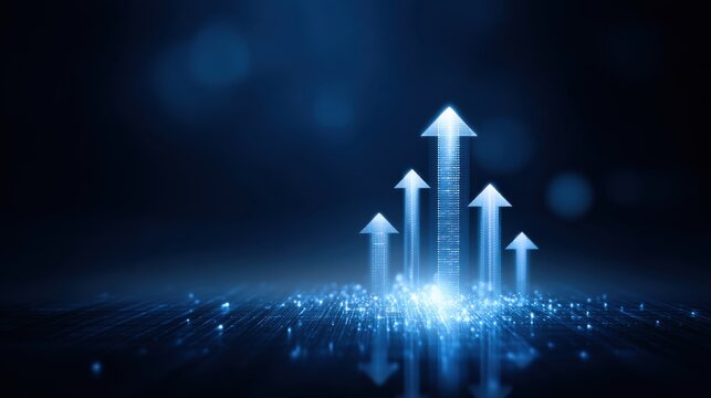 Futuristic blue background with glowing arrows representing growth, progress, and success in digital business and technology themes ideal for stock image use - Powered by Adobe