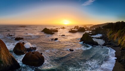 Obraz premium A Rocky Seaside Panorama At Sunset Humboldt County California