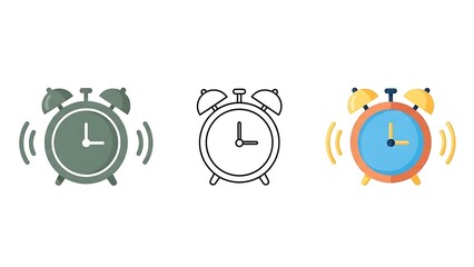 Collection of stylized alarm clock illustrations in various colors, outlining a ringing concept