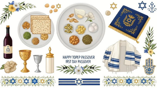 Passover Seder plate with traditional Jewish and decorations matzah wine