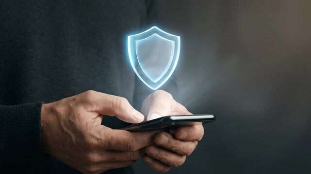 Secure mobile phone glowing shield hologram protecting data and security hands for mobile