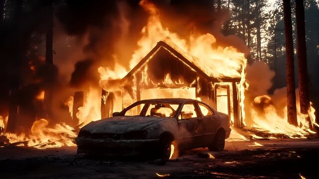 Natural disaster. Devastating loss aftermath scene. A vivid portrayal of a house engulfed in flames, with a burnt car in the foreground.