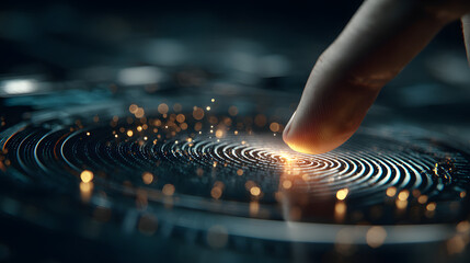 Biometric security scan concept, finger pressing glowing fingerprint on dark digital interface