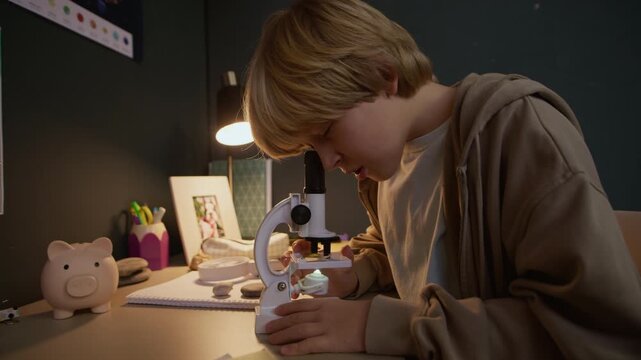 Zoom in shot of curious Caucasian boy child examining leaf under microscope while sitting at cozy study desk at home and enjoying his first scientific experiments