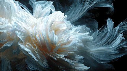 Abstract floral composition in cloud dancer shades with flowing white and soft blue petals on dark background creating elegant modern art effect
