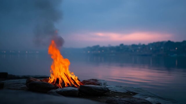 dramatic sunset scene on the banks of the Ganges River, a blazing funeral pyre burning intensely on a circle of stones, flames rising high with thick smoke drifting toward the  4K