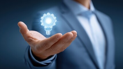 Businessman in Suit Holding a Virtual Light Bulb with Gear Icons Symbolizing Innovation, Technology, and Creative Ideas in a Modern Setting