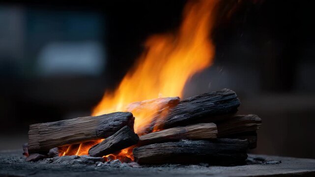 Fiery cremation pyre burning intensely in the dark night, tall flames rising upward in vivid orange and yellow, illuminating the stacked wooden logs beneath. Sparks burst into th 4K