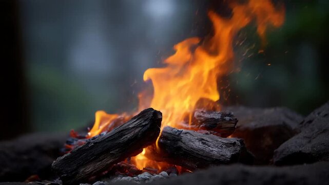 iercely burning funeral pyre erupts in vivid orange flames, rising high into the air as glowing embers scatter upward like sparks in a storm. Thick logs rest at the center of th
