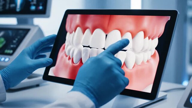 Dentist uses a digital tablet displaying dental AI analysis with tooth and bone density data