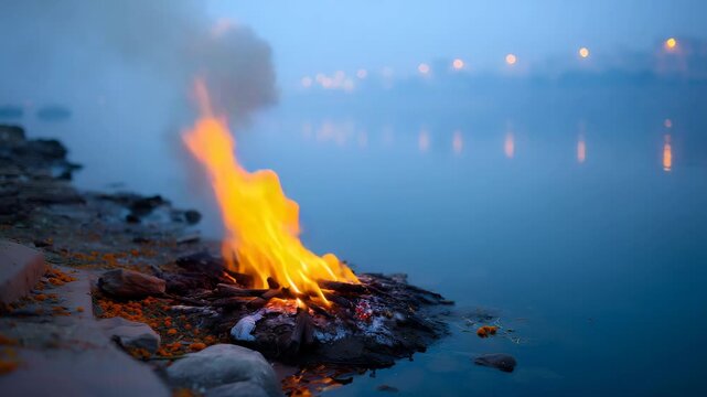 lone funeral pyre burns brightly on the mist-covered banks of the Ganges River, its flames rising into the cold blue morning air. Soft smoke drifts upward, merging with the fog