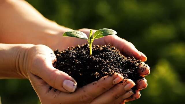 Human hands gently holding healthy green soil with a small plant growing