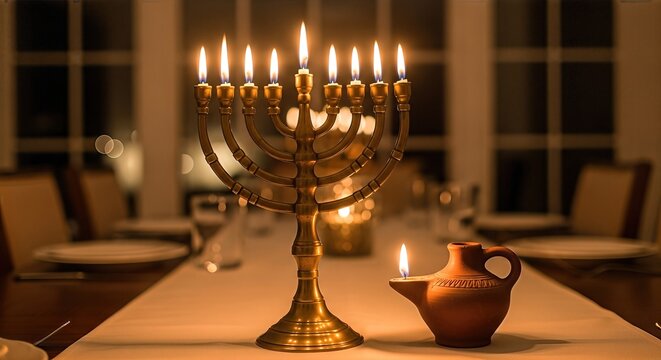 Menorah with lit candles and traditional oil lamp on elegantly set dining table, creating a warm ambiance for Jewish holiday celebration and family gathering