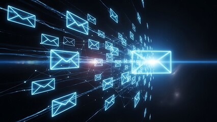 Glowing digital envelope icons stream through dark space, symbolizing messages in the online world