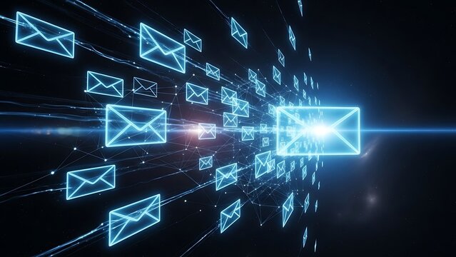 Glowing digital envelope icons stream through dark space, symbolizing messages in the online world - Powered by Adobe