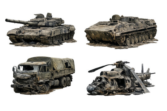 Destroyed military vehicles representing war and conflict aftermath
