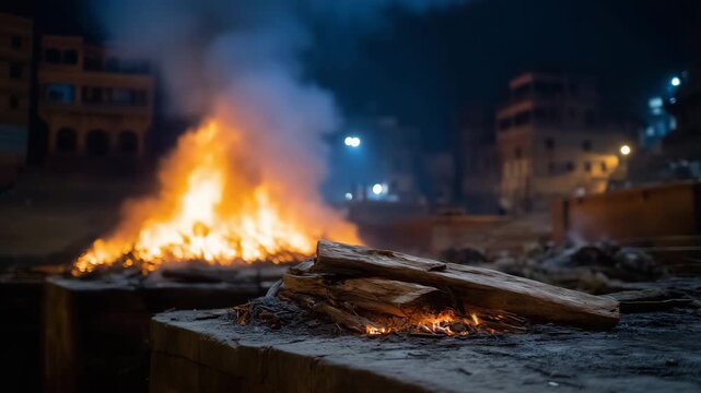 nighttime scene at Manikarnika Ghat in Varanasi, illuminated by the intense glow of multiple funeral pyres. Large flames rise from stacked wooden logs on elevated stone platforms