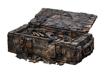 Burnt military ammunition box filled with cartridges
