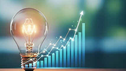 Glowing lightbulb with graph overlaying a bar chart showing upward growth against a blurred backdrop