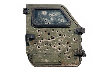 Armored vehicle door showing bullet holes and combat damage