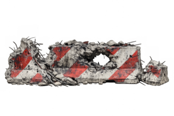 Damaged concrete barrier showing destruction and rebar
