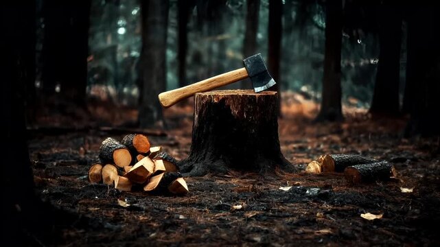 Deforestation. Environment conservation. Ecosystem. A closeup shot of a forest floor with a large axe resting on a tree stump. The axe has a wooden handle and a metal blade.