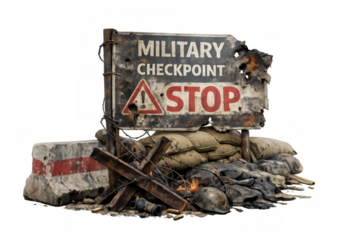 Destroyed military checkpoint barricade with a stop sign and war remnants