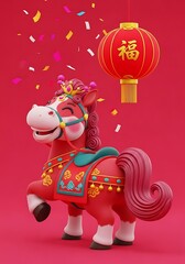 Naklejka premium Prancing Red Chinese Zodiac Horse with Golden Crown and Red Lantern for Festive New Year Background
