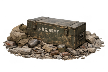 U.S. Army vintage military supply crate on rubble