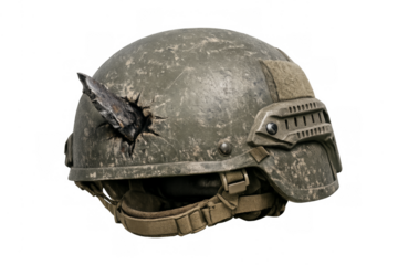 Military helmet with shrapnel impact showing war damage