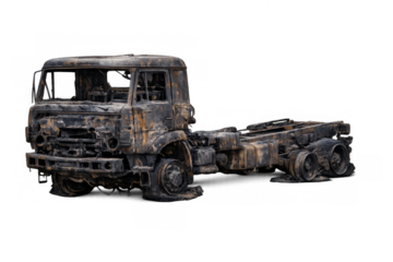Burnt truck chassis remaining after a devastating fire
