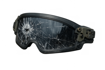 Tactical combat goggles with shattered lens after impact