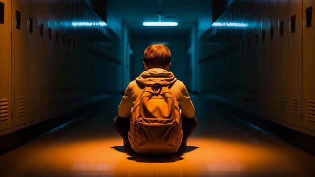 Young boy with backpack sitting alone in school hallway, symbolizing loneliness and bullying, for educational concept footage