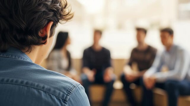 Young man sitting with his back to viewer with blurred group of men and woman as he attends group therapy session footage