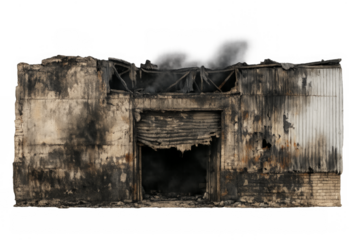 Burnt building ruins with smoke damage and destruction on transparent background