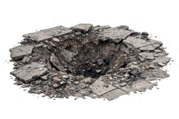 Concrete crater showing war destruction on transparent background