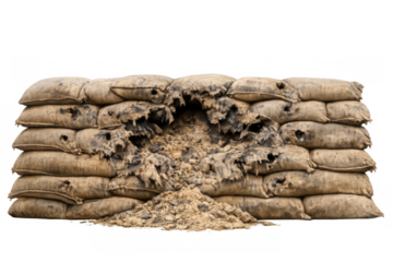 Damaged sandbag wall with debris after an explosion