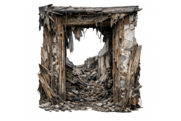 Ruined abandoned doorway entrance showing destruction and decay