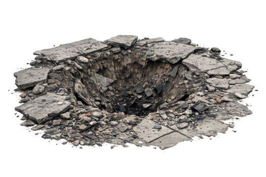 Concrete crater showing war destruction on transparent background