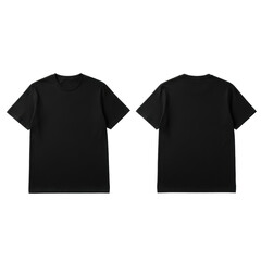 Naklejka premium Two pristine black short-sleeve crew neck t-shirts, front & back, plain, uncreased, laid flat on seamless transparent studio background with soft diffused lighting, top-down flat lay, apparel mockups