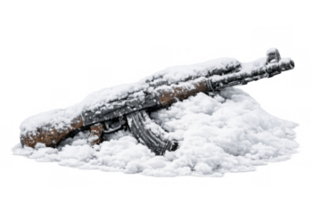 Assault rifle covered in snow on transparent background
