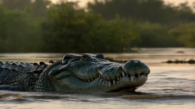 Nile crocodile snapping jaws in murky swamp water with splashing mud and water droplets, dramatic wildlife action