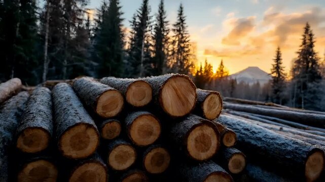 Deforestation. Environment conservation. Ecosystem. A closeup shot of a stack of logs in a forest during sunset. The logs are covered in snow, and the sunlight casts a warm.
