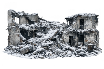 Ruined house covered in snow with rubble