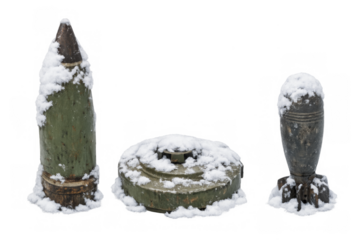War ammunition explosive ordnance covered with snow
