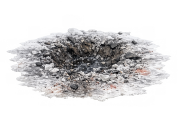 Crater in snow and ice with debris