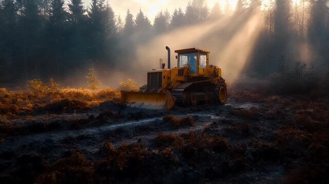 Deforestation. Environment conservation. Ecosystem. A large yellow bulldozer on a muddy terrain with a forest backdrop. The bulldozer is in motion, with its tracks and front end visible.