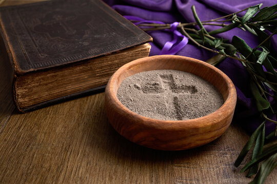 Ash wednesday lent preparation with ashes, cross, bible